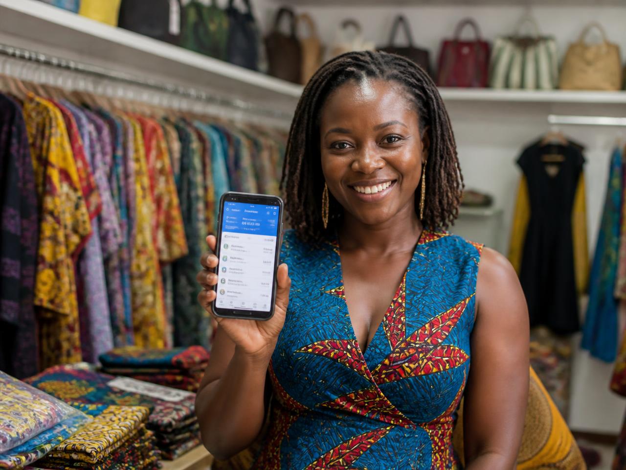 Commerçante ivoirienne gérant sa boutique depuis son téléphone